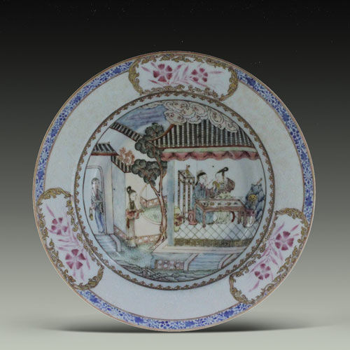 張敞畫眉粉彩湯盤 張敞畫眉粉彩湯盤