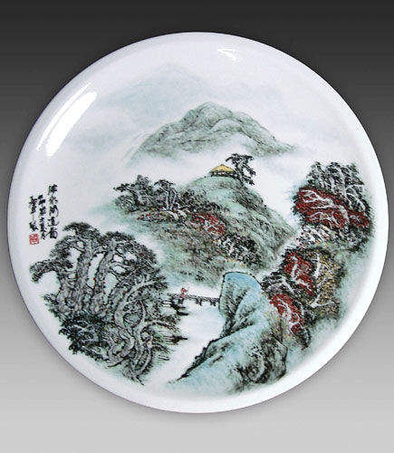 周益軍-掛盤釉下彩《山水》